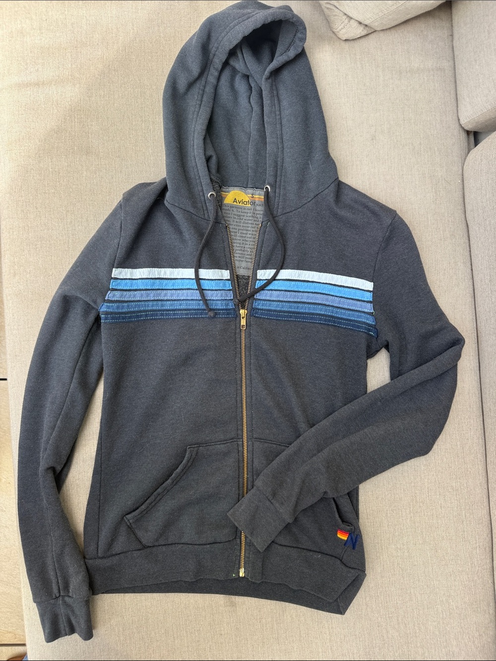 Aviator Nation Womans Charcoal Zip Hoodie with Blue Stripe Accents